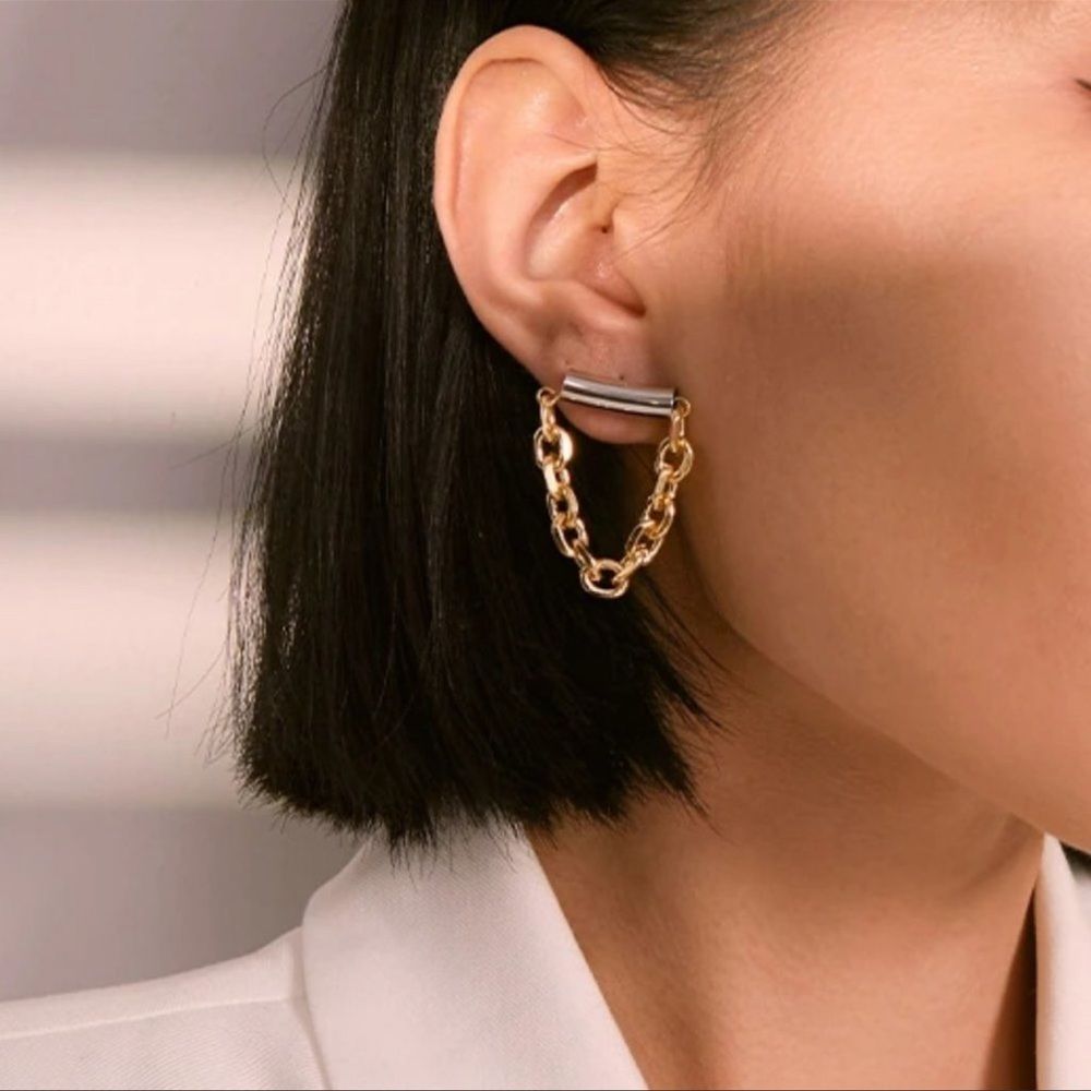 GOLD & SILVER PLATED STAINLESS STEEL GEOMETRIC CHAIN DANGLE DROP INDUSTRIAL EAR